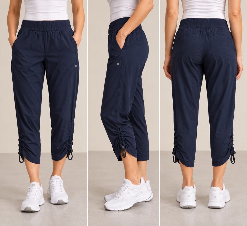 Apana Women's Navy Blue Cropped Athletic Pants with Adjustable Hem, Size M